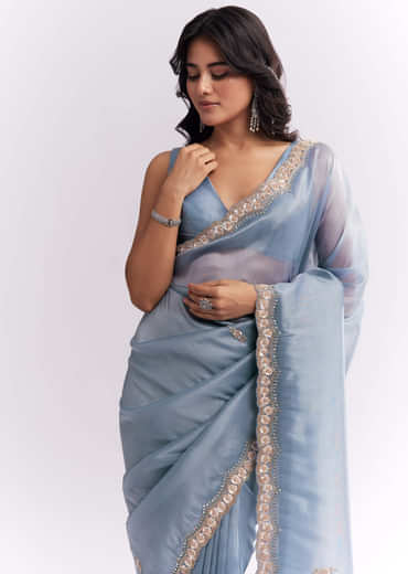 Blue Tissue Silk Saree With Heavy Hand Embroidery