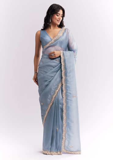 Blue Tissue Silk Saree With Heavy Hand Embroidery