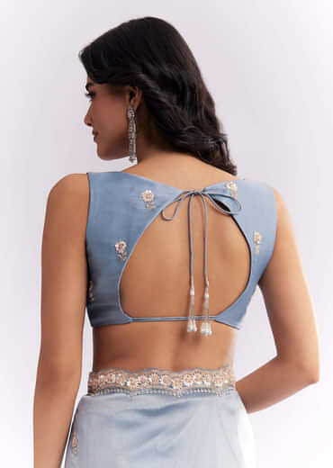 Blue Tissue Silk Saree With Heavy Hand Embroidery