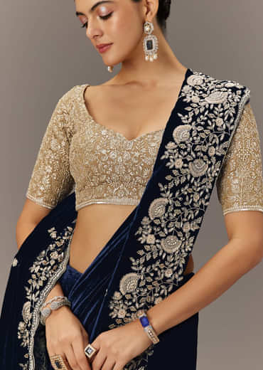 Blue Velvet Saree With Brocade Embroidered Blouse
