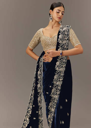 Blue Velvet Saree With Brocade Embroidered Blouse