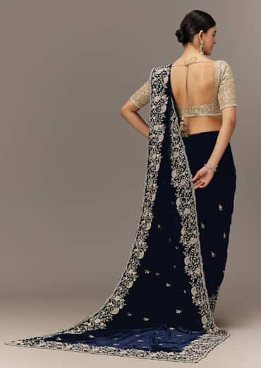 Blue Velvet Saree With Brocade Embroidered Blouse