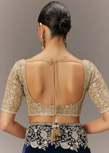 Blue Velvet Saree With Brocade Embroidered Blouse