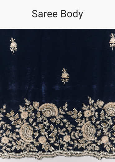 Blue Velvet Saree With Brocade Embroidered Blouse