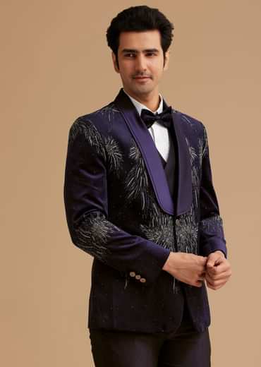 Blue Velvet Tuxedo with Stone and Cut Dana Work