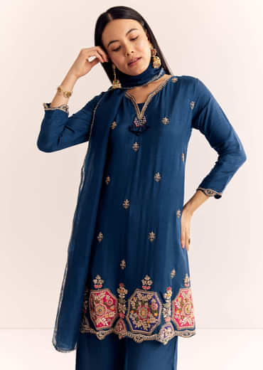 Blue Zardosi Work Dola Silk Kurta Set With Dupatta In Organza