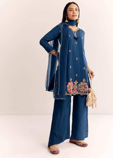 Blue Zardosi Work Dola Silk Kurta Set With Dupatta In Organza