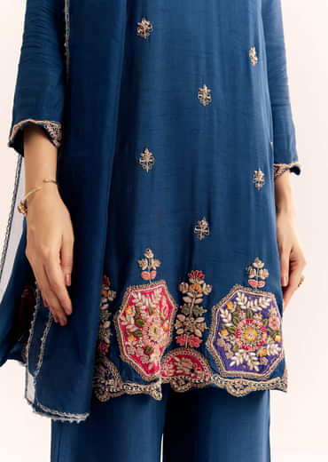 Blue Zardosi Work Dola Silk Kurta Set With Dupatta In Organza
