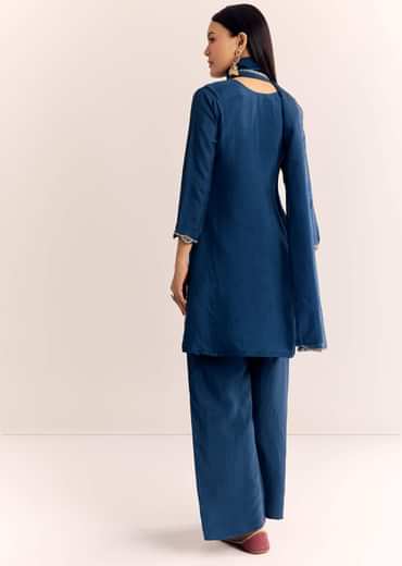 Blue Zardosi Work Dola Silk Kurta Set With Dupatta In Organza