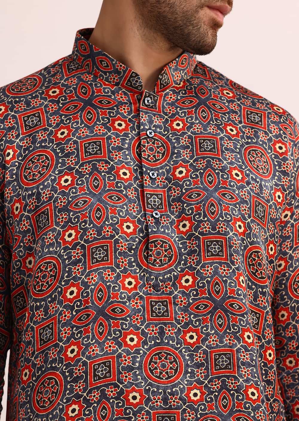Blue And Red Printed Silk Kurta