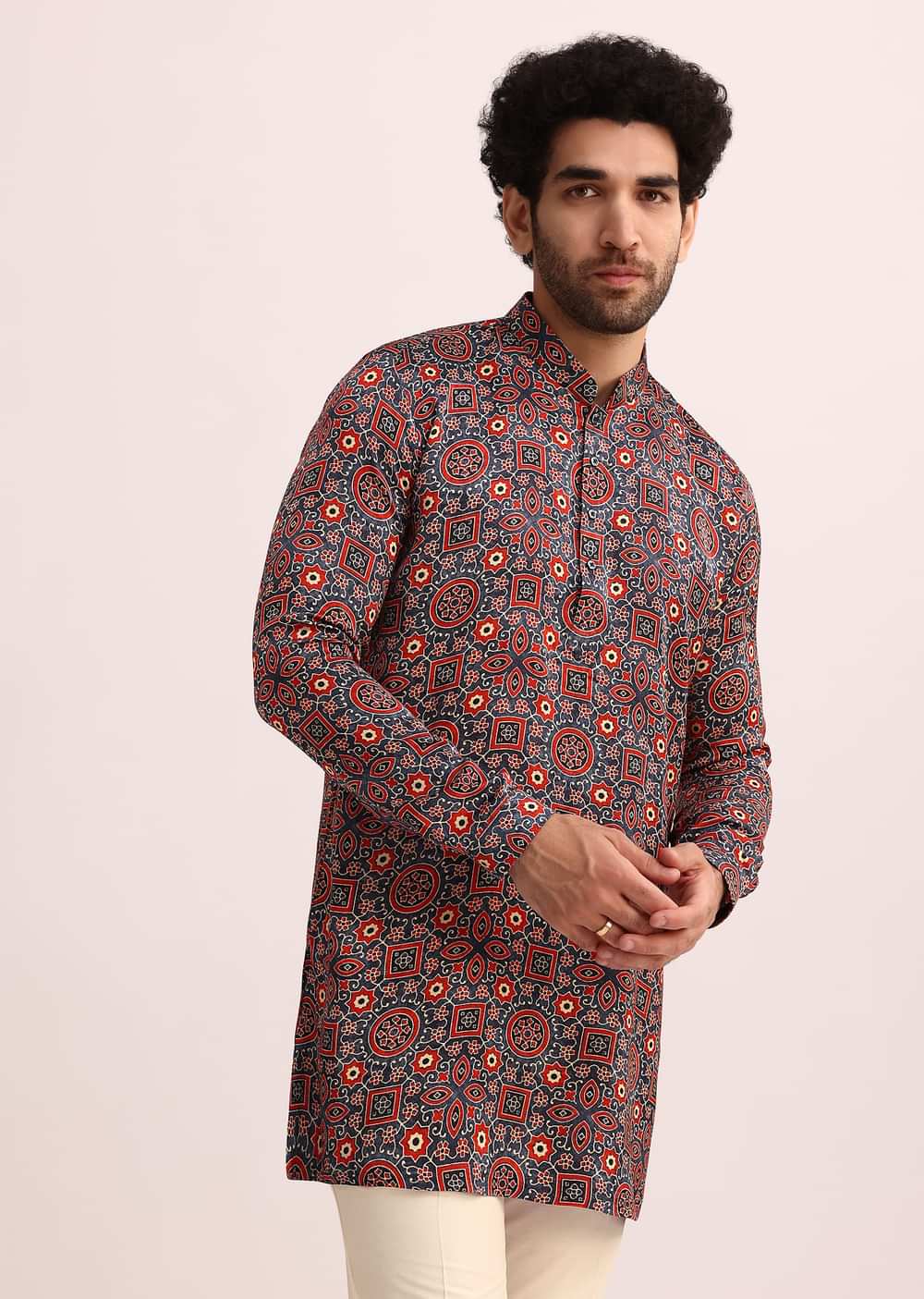 Blue And Red Printed Silk Kurta