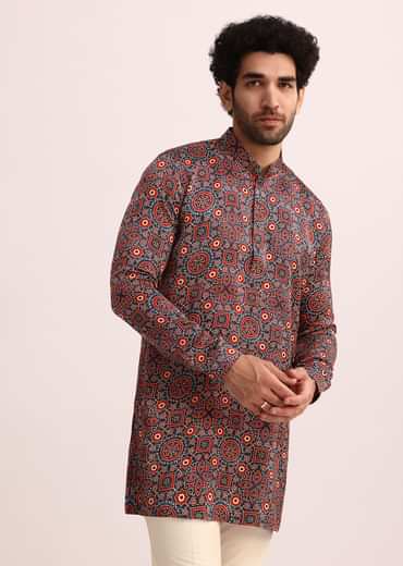 Blue And Red Printed Silk Kurta