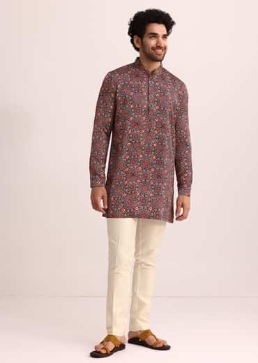 Blue And Red Printed Silk Kurta