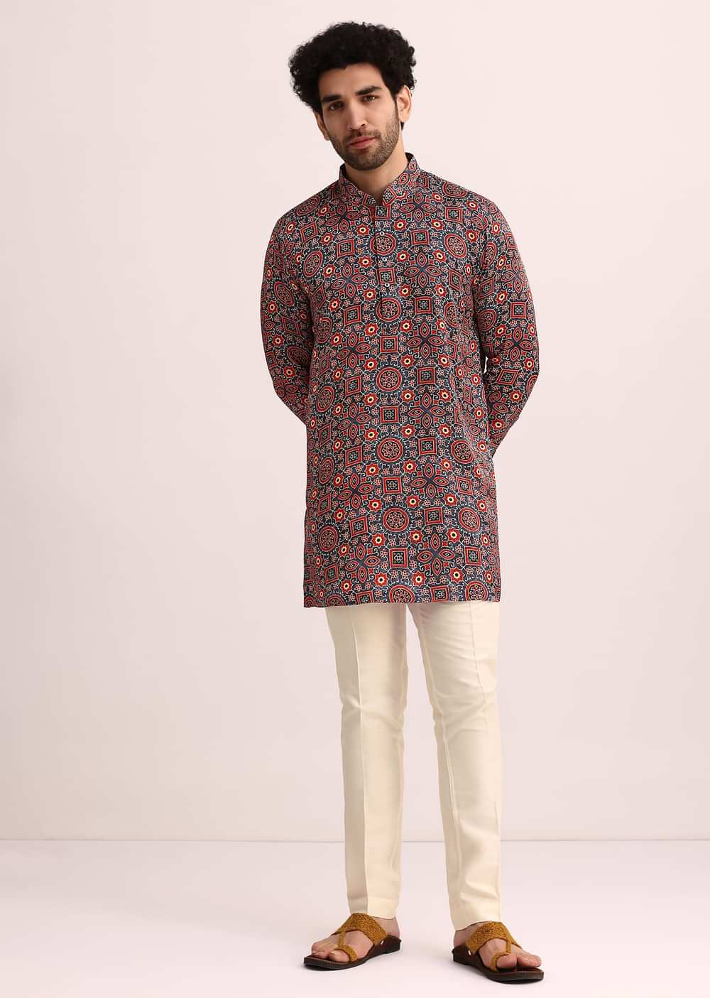 Blue And Red Printed Silk Kurta