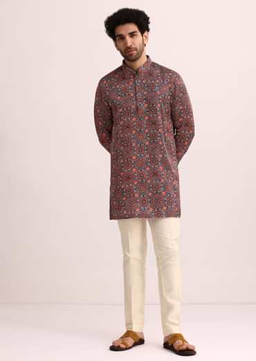 Blue And Red Printed Silk Kurta