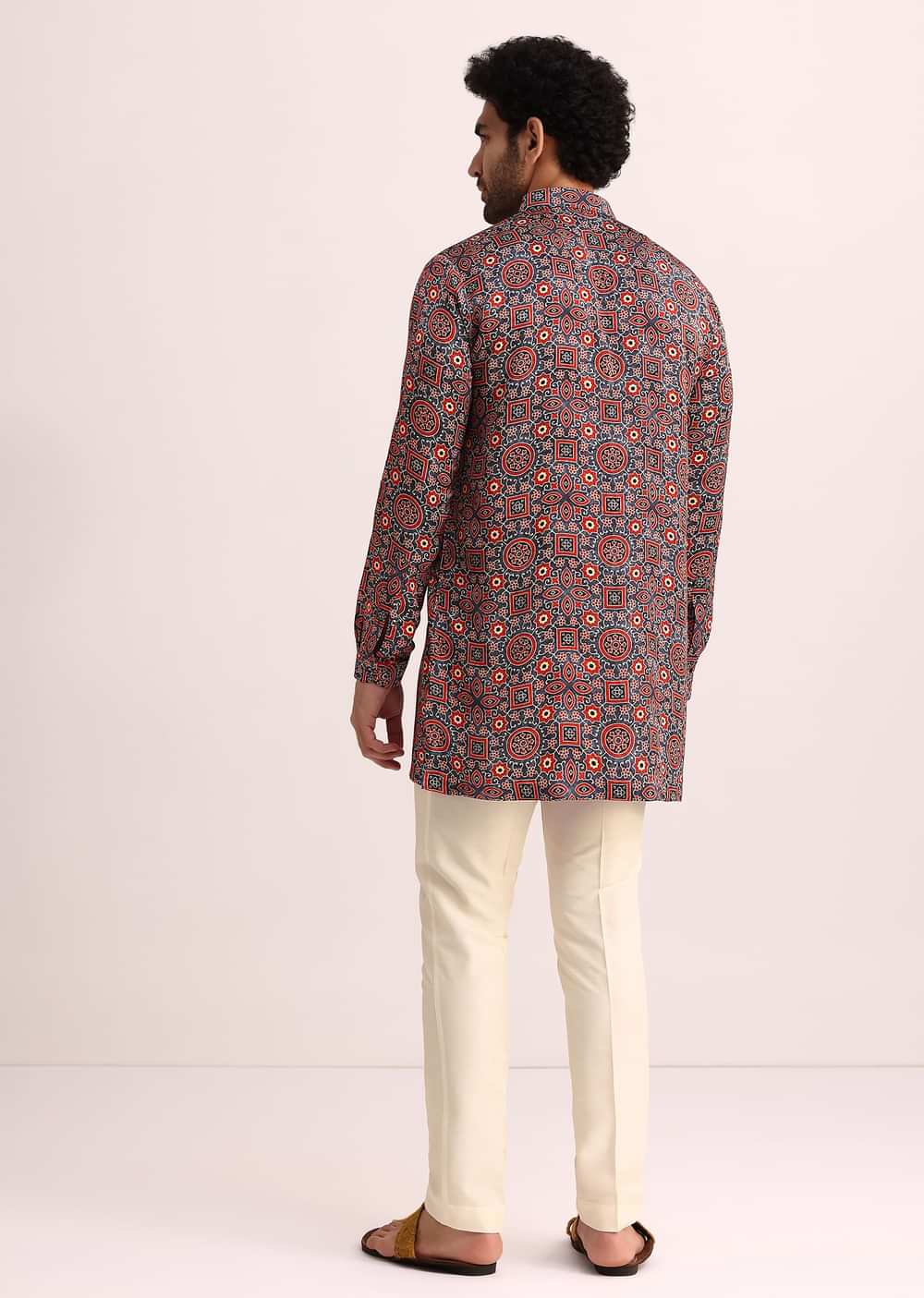 Blue And Red Printed Silk Kurta