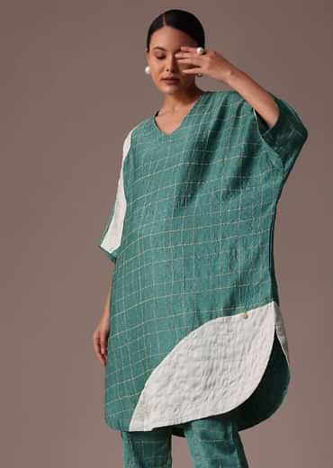 Blue And White Colour Block Print Crepe Co Ord Set