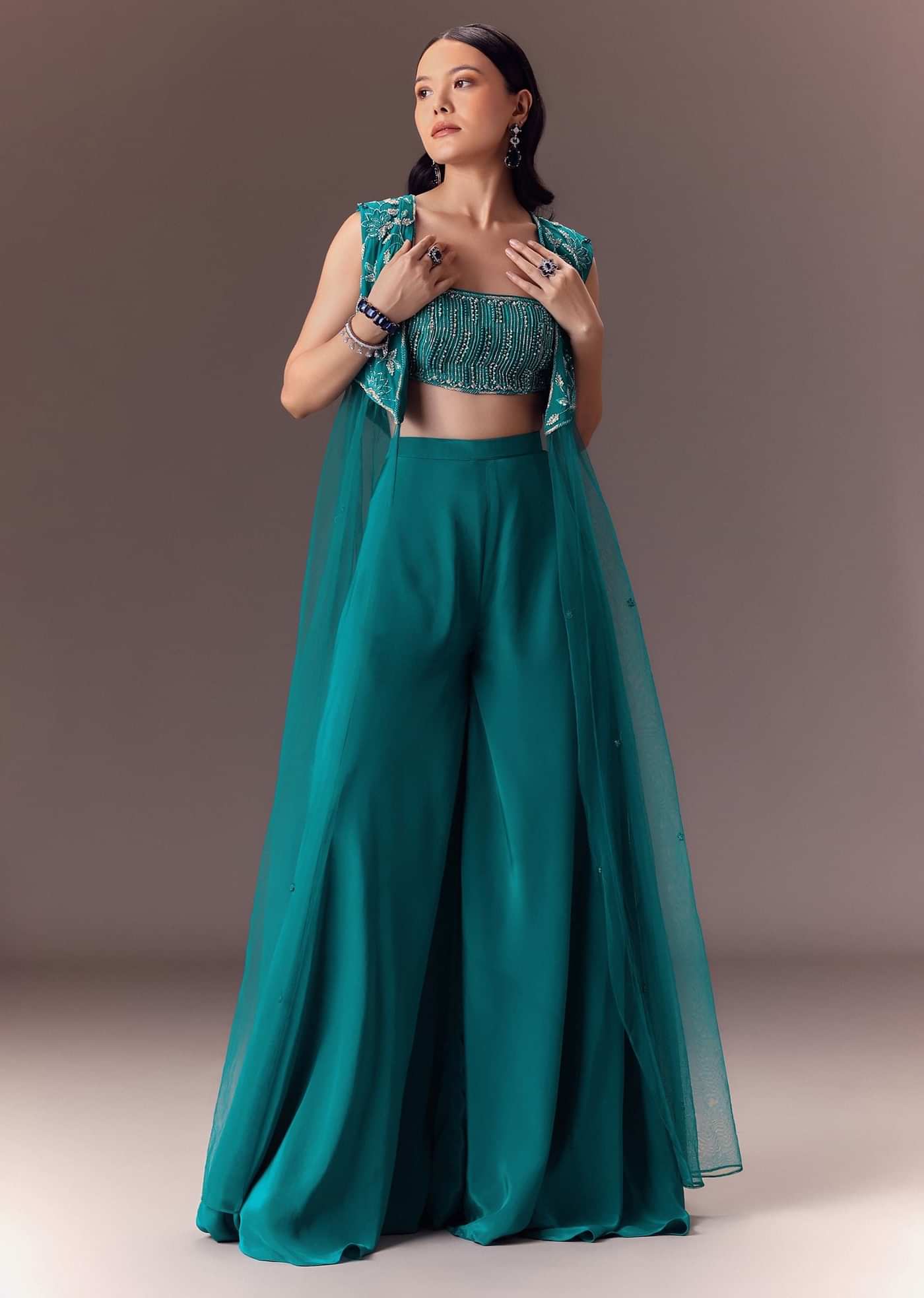 Blue Asymmetric Embroidered Jacket With Blouse And Palazzo Pants