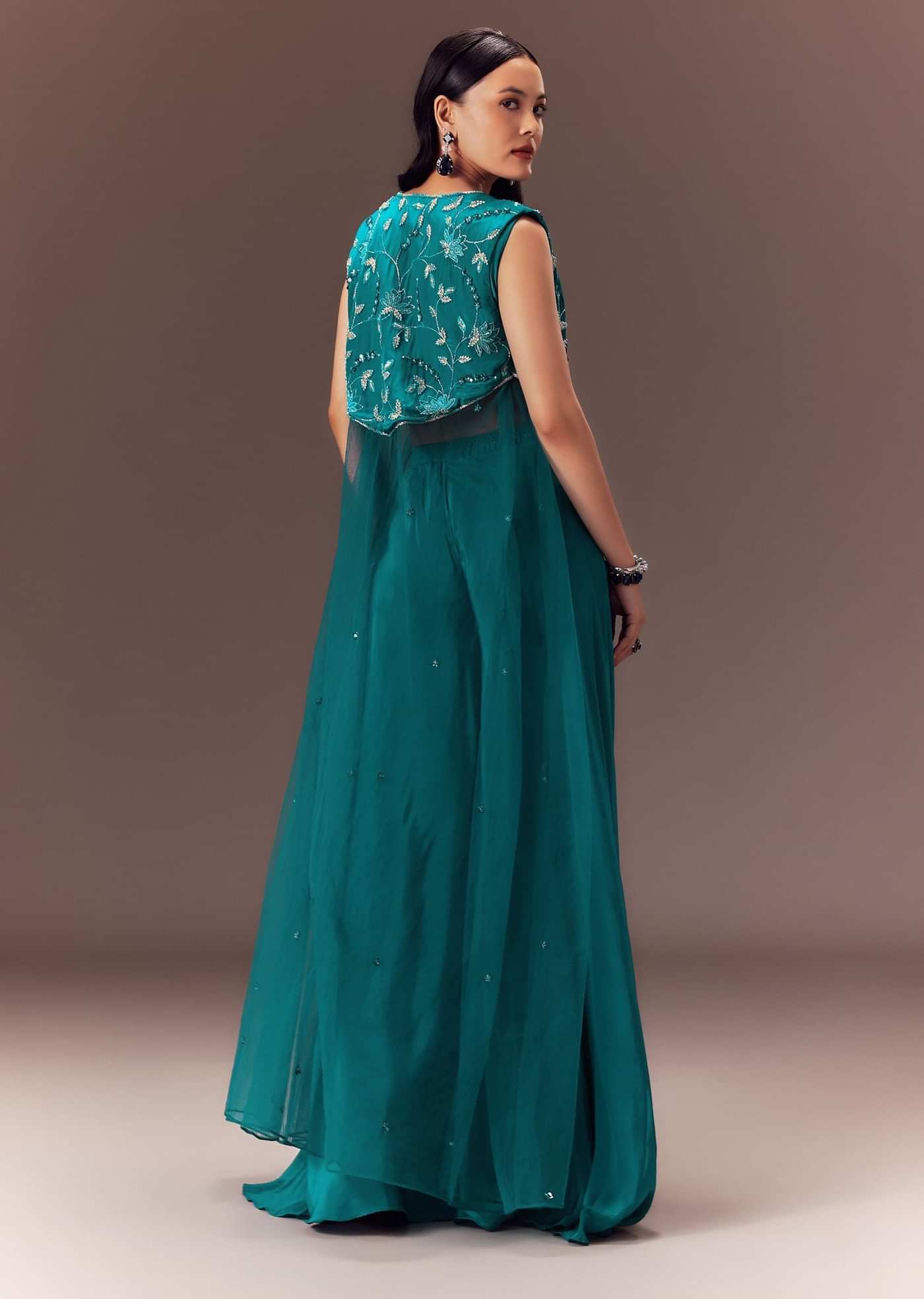 Blue Asymmetric Embroidered Jacket With Blouse And Palazzo Pants