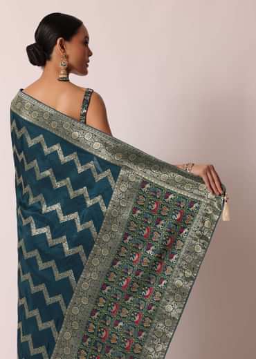 Blue Banarasi Silk Saree With Meenakari Work And Unstitched Blouse Piece