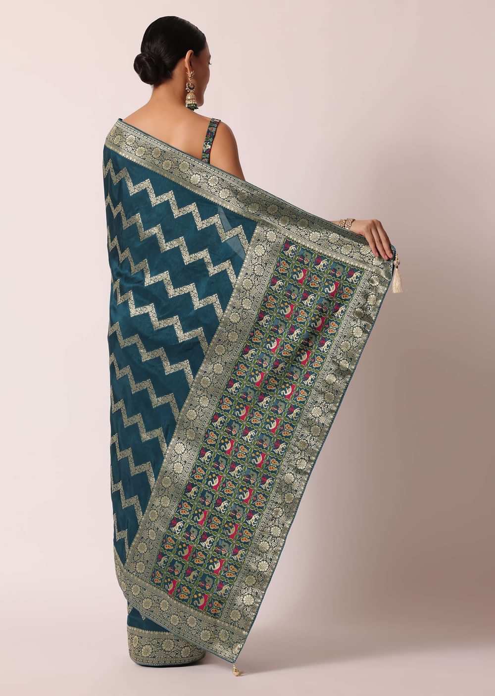 Blue Banarasi Silk Saree With Meenakari Work And Unstitched Blouse Piece