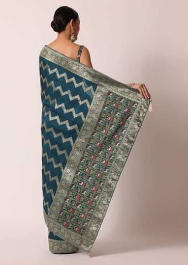 Blue Banarasi Silk Saree With Meenakari Work And Unstitched Blouse Piece