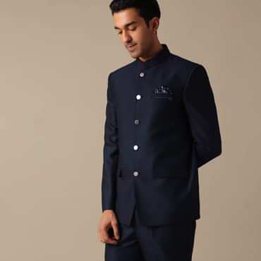 Blue Bandhgala Jodhpuri And Pant Set In Terry Rayon