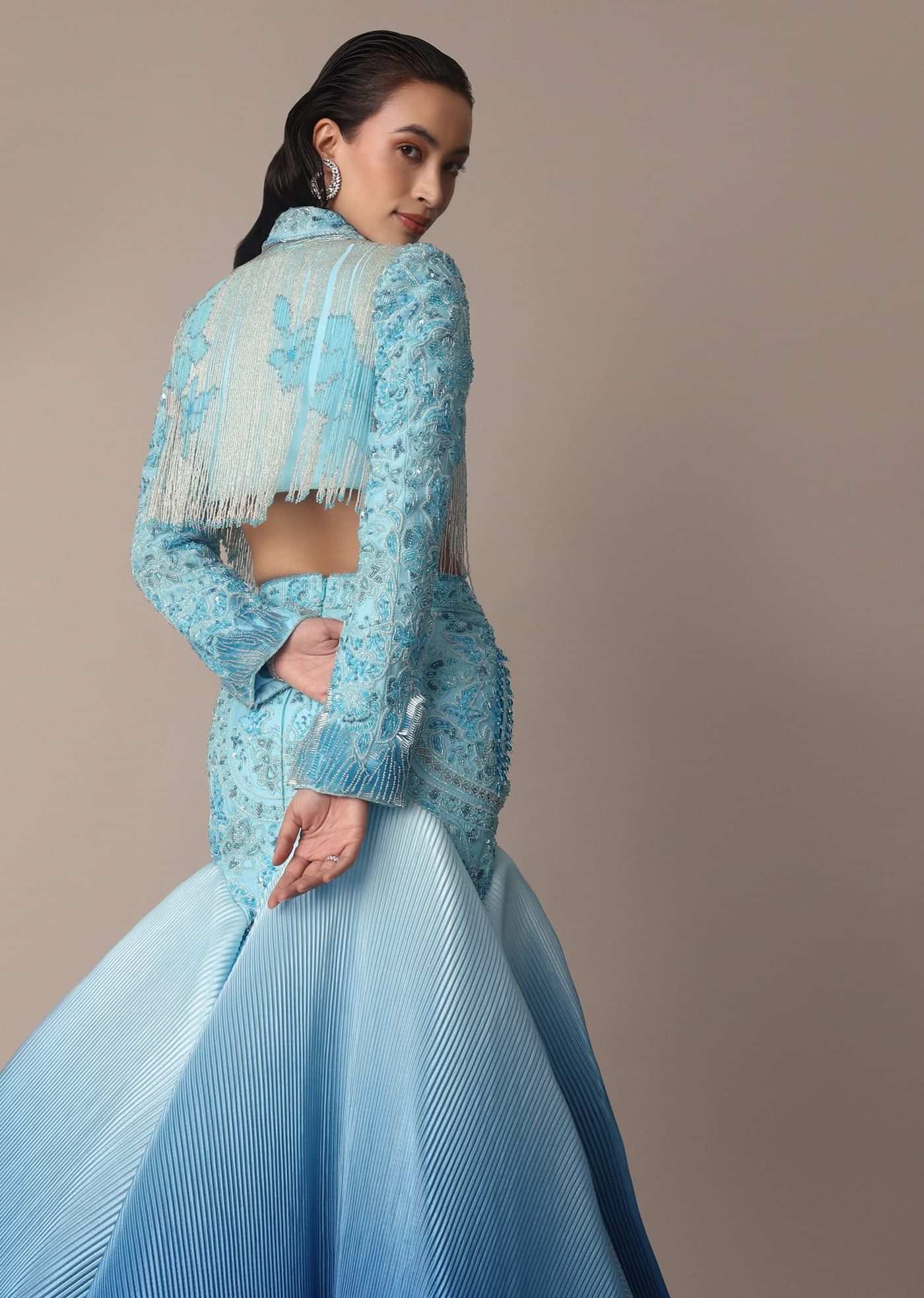 Blue Ombre Organza Fishcut Skirt With Tassel Short Jacket