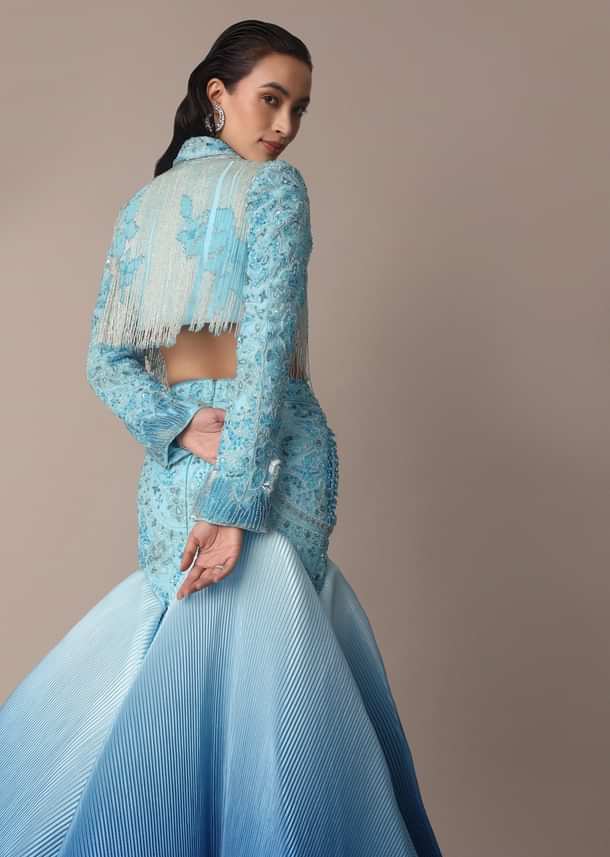 Blue Ombre Organza Fishcut Skirt With Tassel Short Jacket