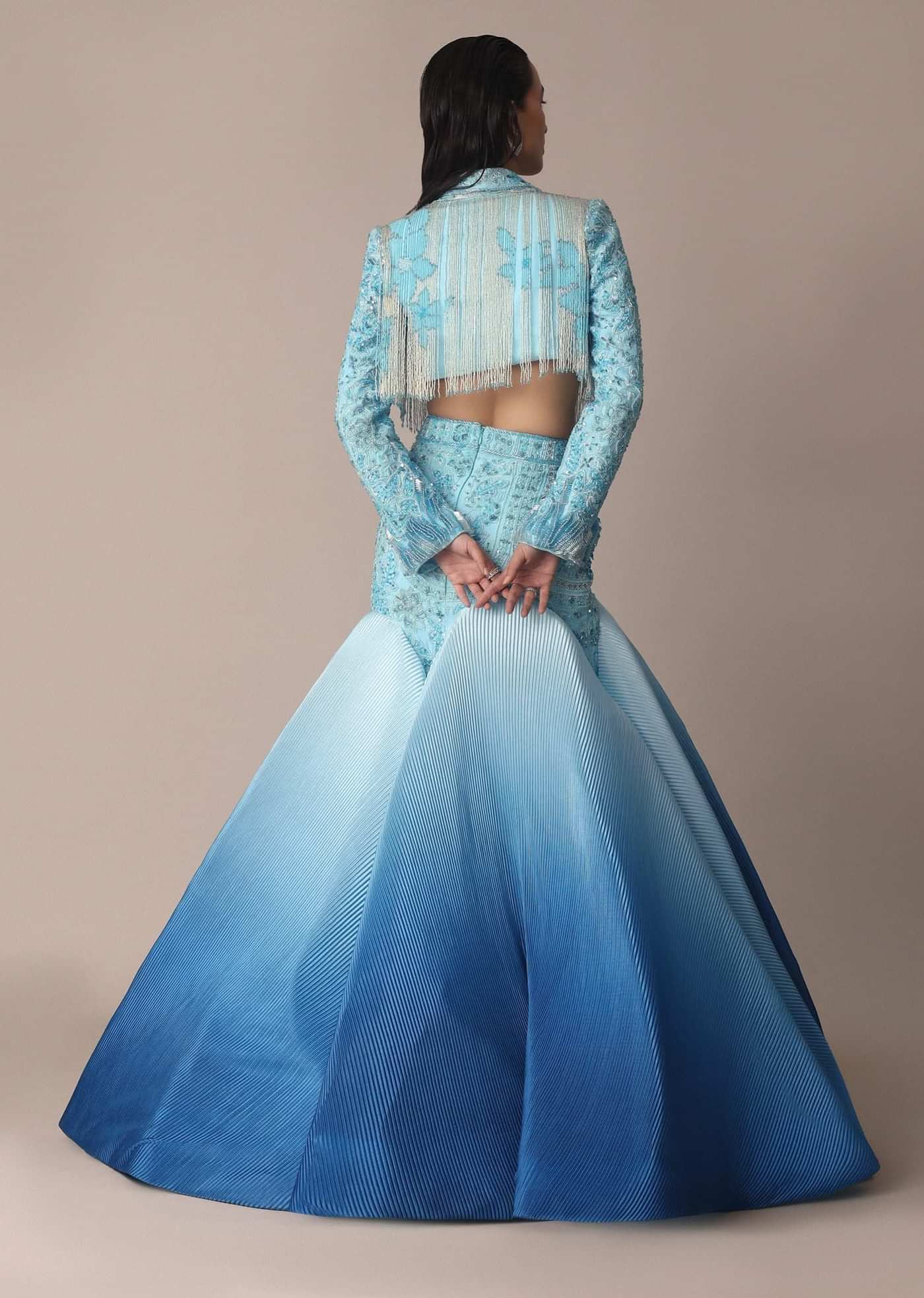 Blue Ombre Organza Fishcut Skirt With Tassel Short Jacket