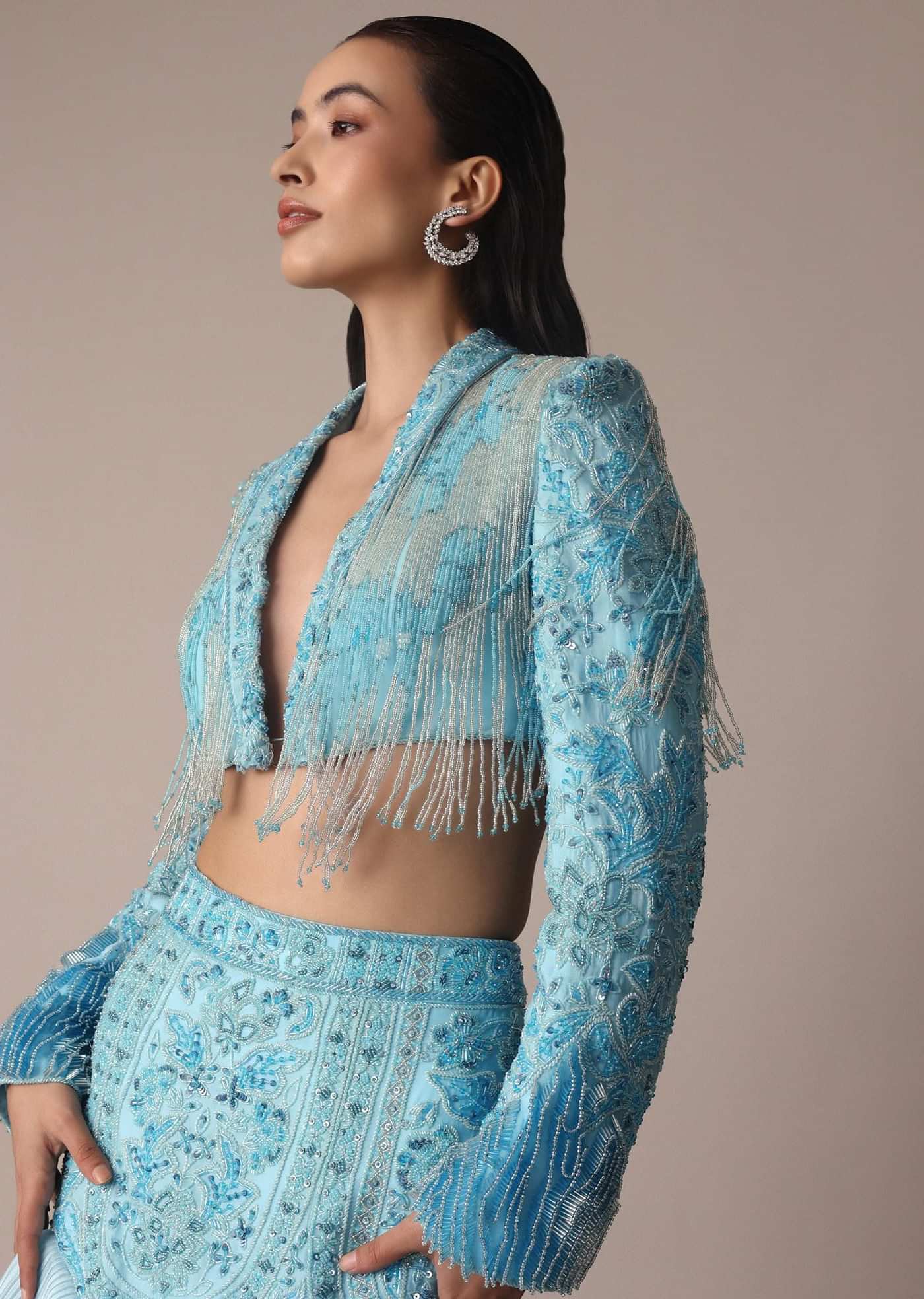 Blue Ombre Organza Fishcut Skirt With Tassel Short Jacket