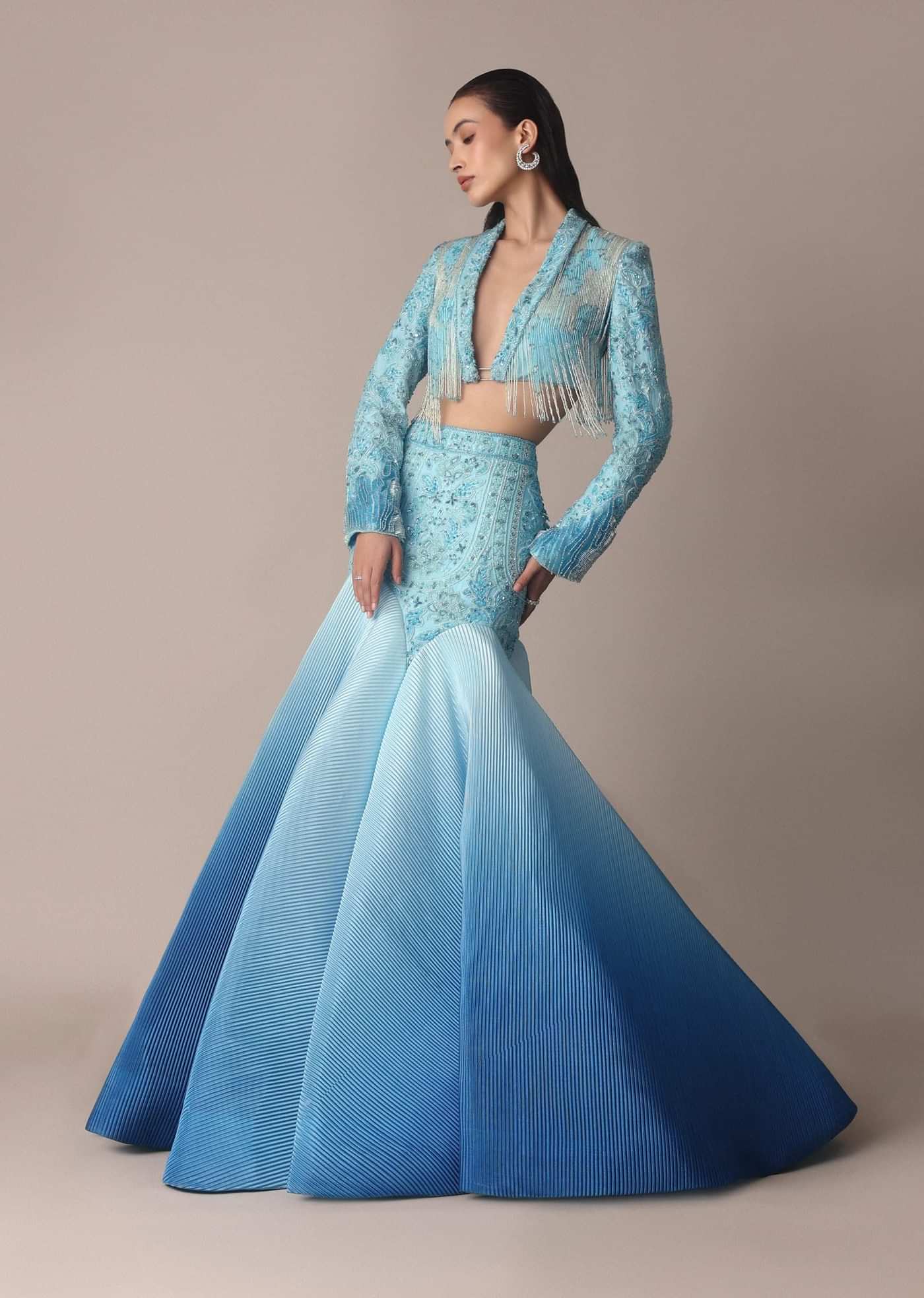 Blue Ombre Organza Fishcut Skirt With Tassel Short Jacket