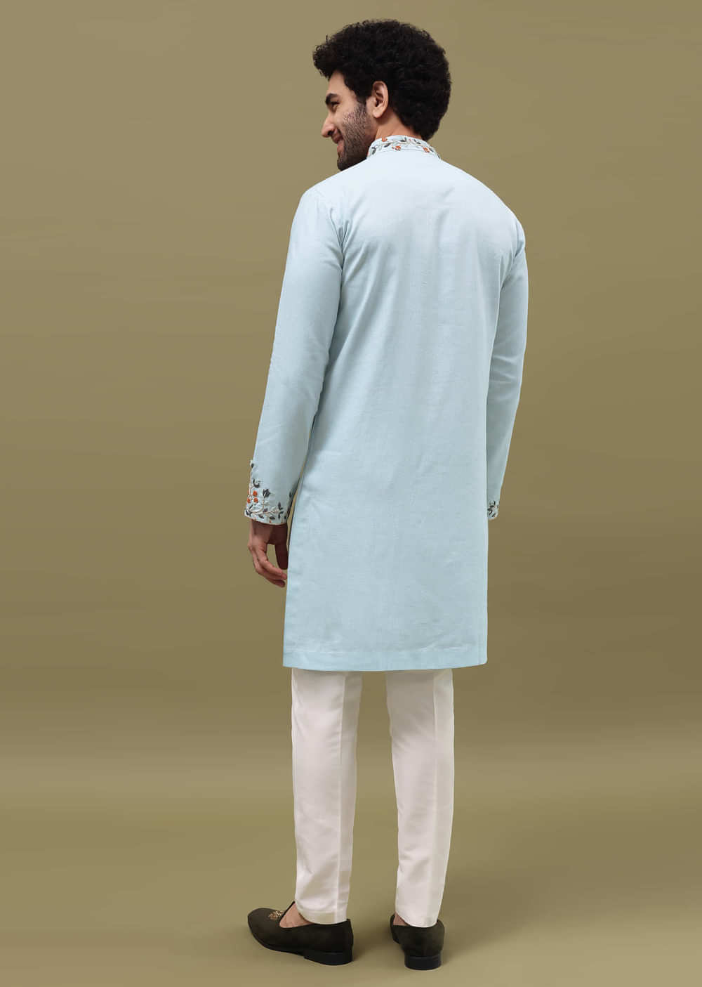 Blue Bud Embroidered Linen Kurta Set For Men