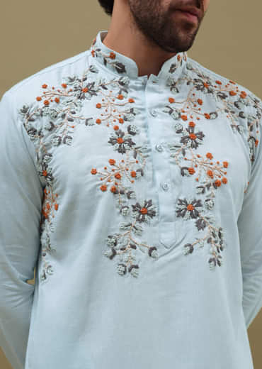 Blue Bud Embroidered Linen Kurta Set For Men