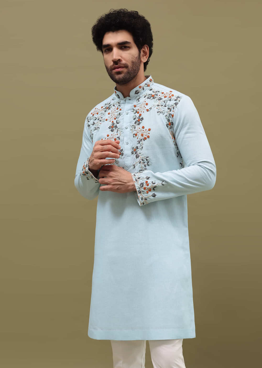 Blue Bud Embroidered Linen Kurta Set For Men