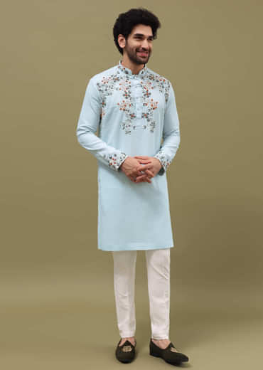 Blue Bud Embroidered Linen Kurta Set For Men