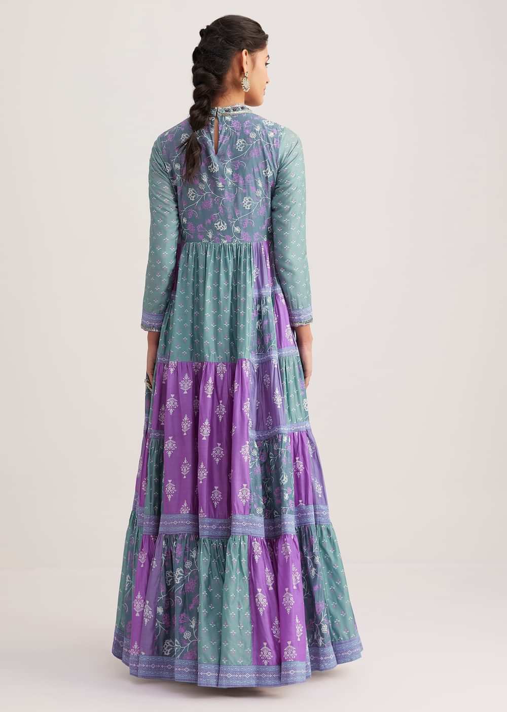 Blue Chanderi Kurti With Purple Block Print