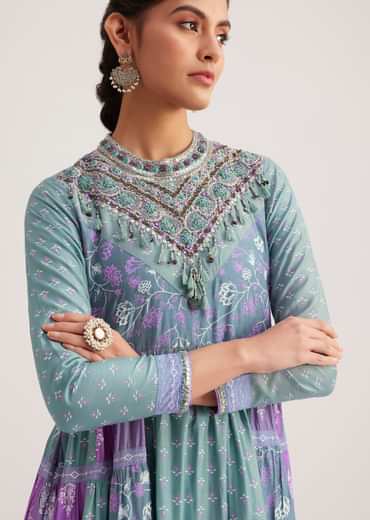 Blue Chanderi Kurti With Purple Block Print