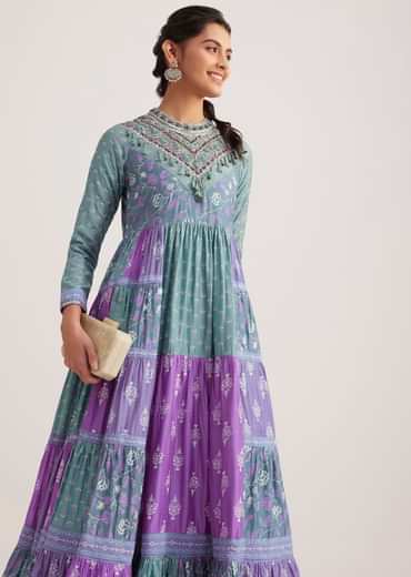 Blue Chanderi Kurti With Purple Block Print