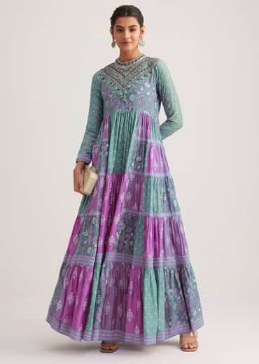Blue Chanderi Kurti With Purple Block Print