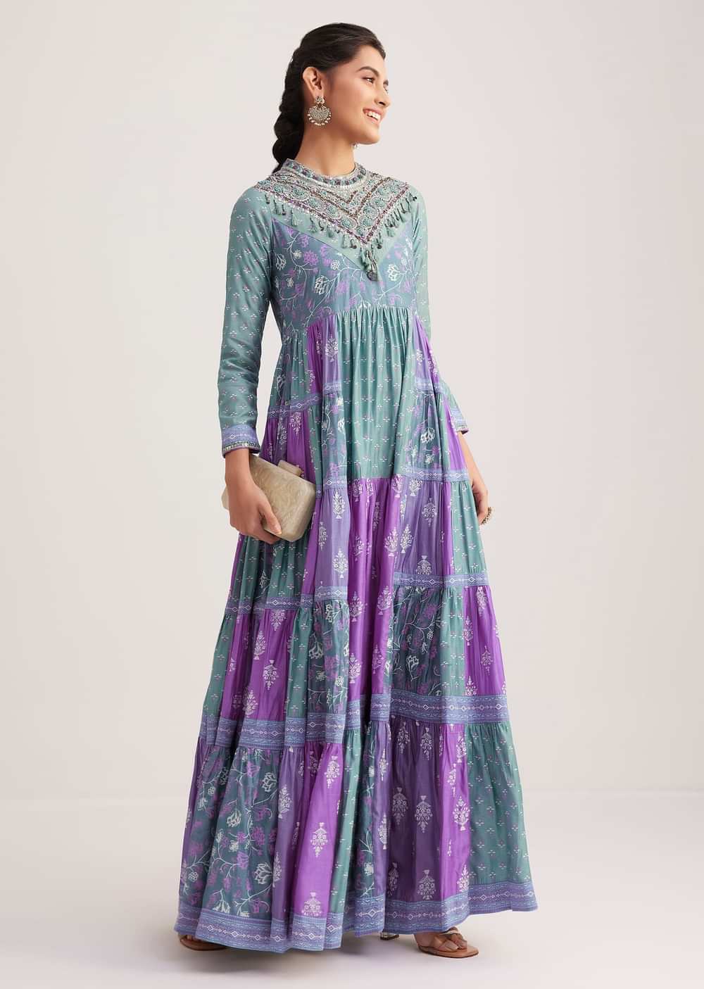 Blue Chanderi Kurti With Purple Block Print