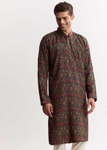 Blue Chanderi Printed Kurta Set With Mandarin Collar