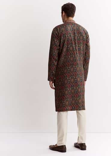 Blue Chanderi Printed Kurta Set With Mandarin Collar