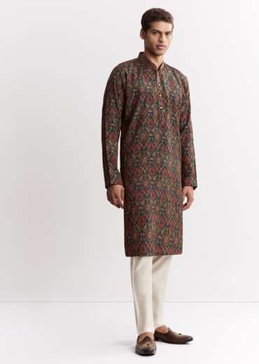 Blue Chanderi Printed Kurta Set With Mandarin Collar