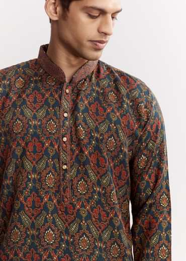 Blue Chanderi Printed Kurta Set With Mandarin Collar