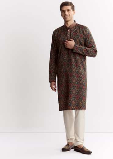 Blue Chanderi Printed Kurta Set With Mandarin Collar