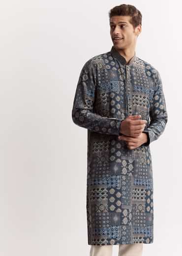 Blue Chanderi Printed Kurta Set With Stone Sequins And Cutdana