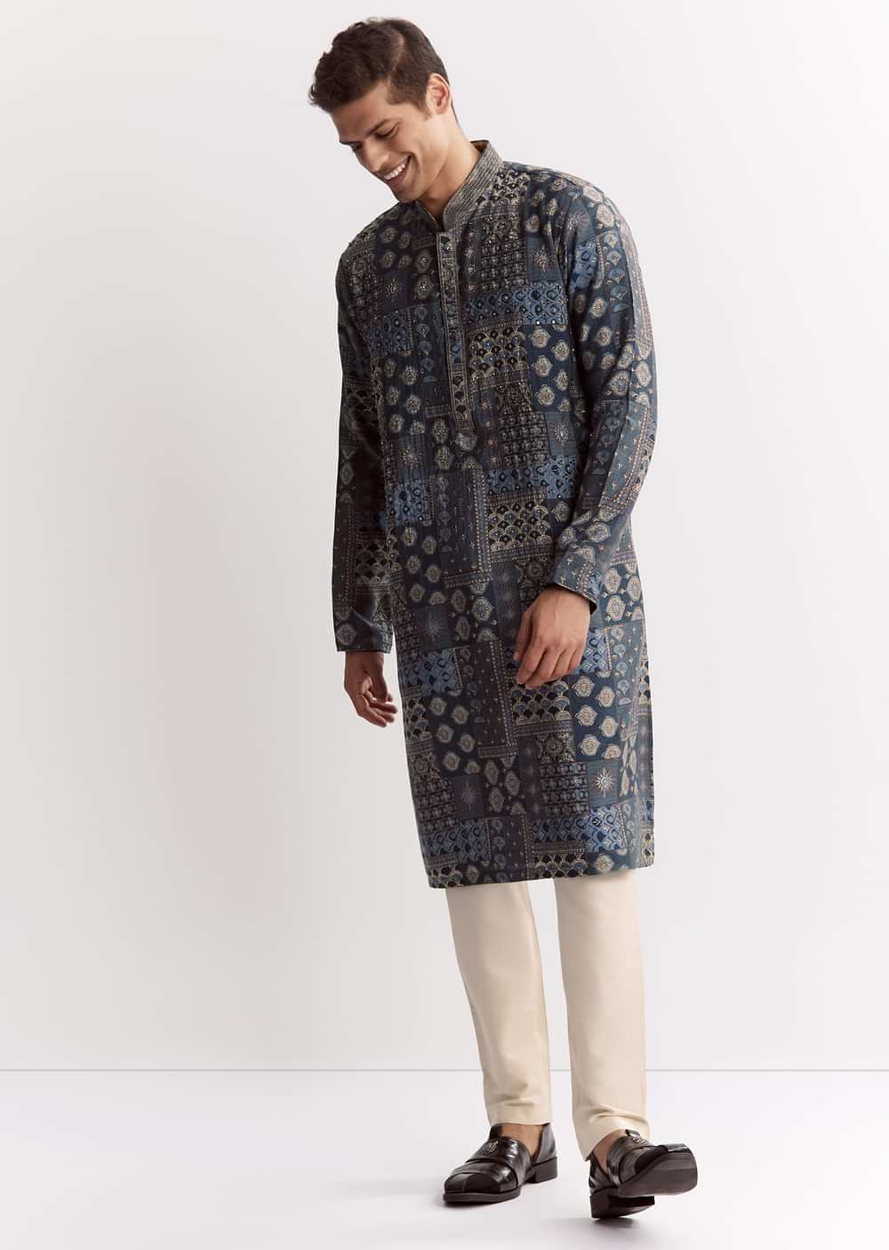 Blue Chanderi Printed Kurta Set With Stone Sequins And Cutdana