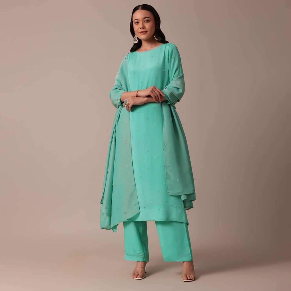 Blue Chiffon Pant Set With Sequin Work Kurta