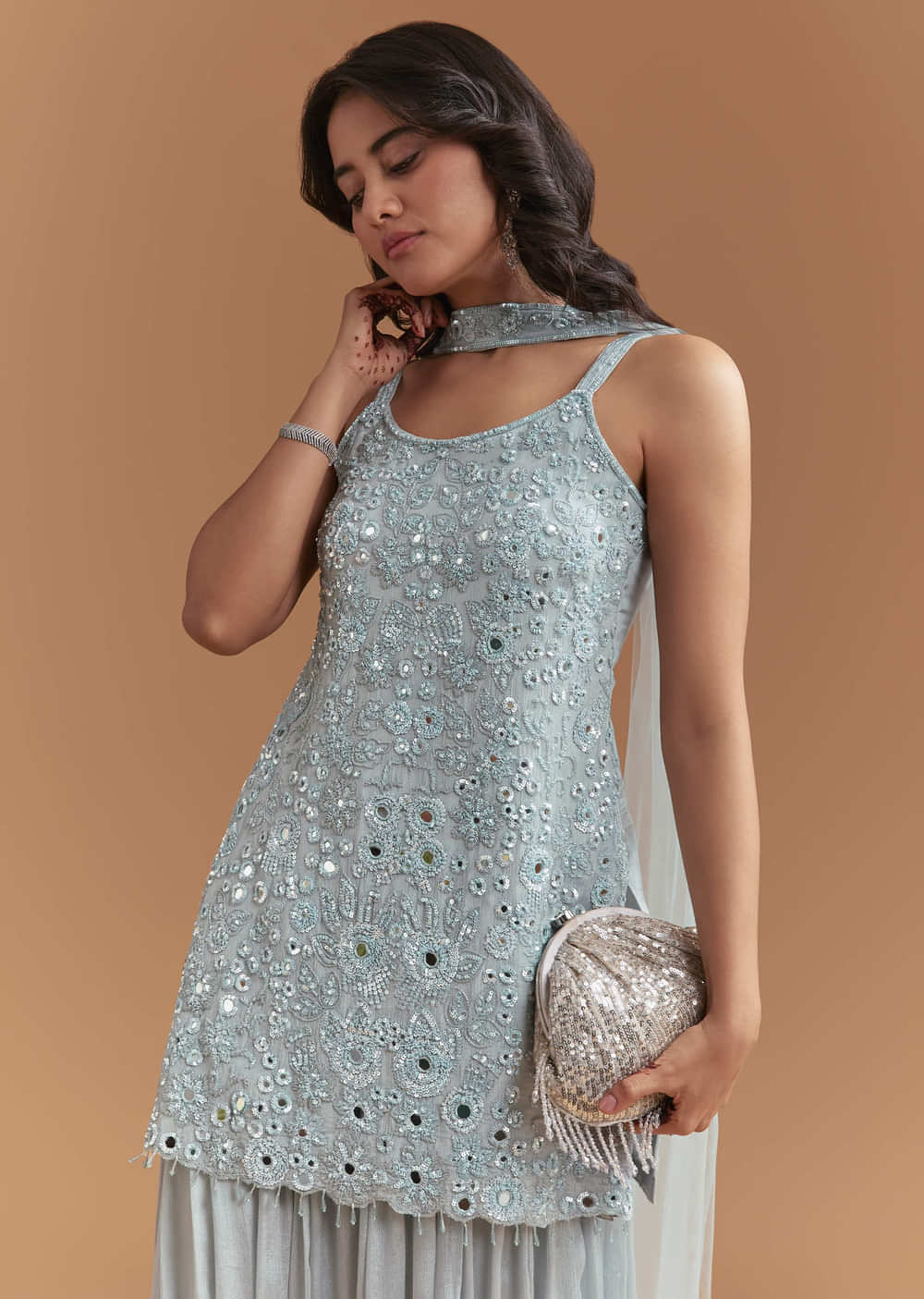 Blue Chinon Palazzo Suit With Intricate Hand Embroidery